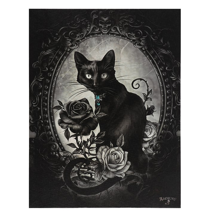 Canvas plaque featuring Paracelsus (The Philosopher's Familiar) artwork by Alchemy Gothic of London, showcasing a black cat amidst thorned roses.